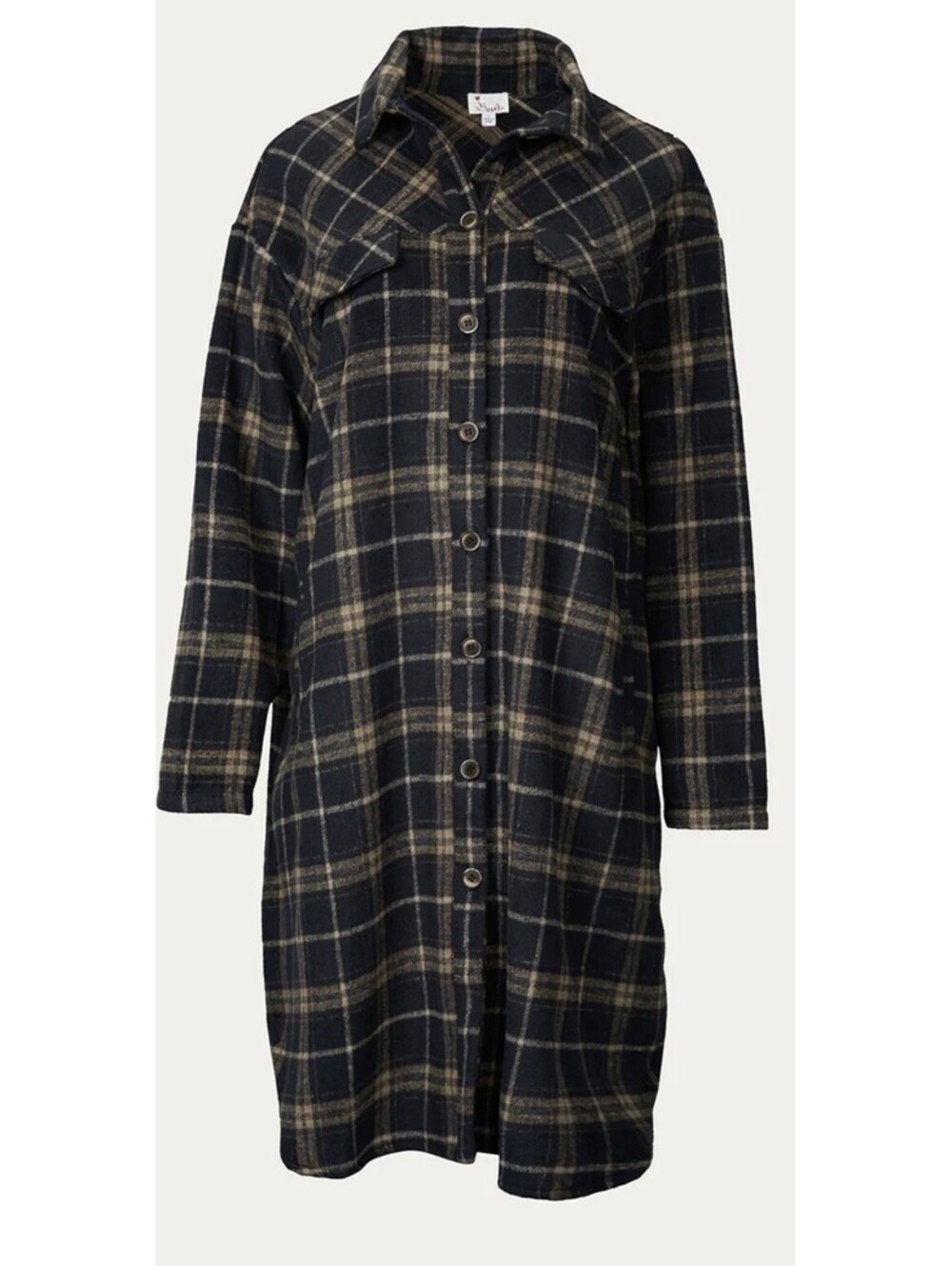 Akaiv Large Oversized Flannel Shirt Jacket Long Maxi Black Brown Plaid Checkered